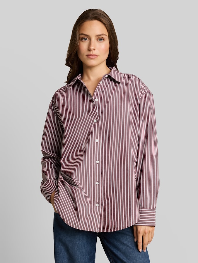 Losvallende popeline blouse door Women, preppy plum white stripe