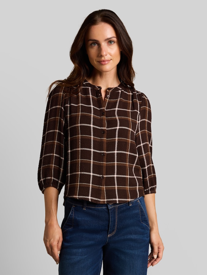 Seersucker Bluse mit Karomuster von Women, java dark brown check