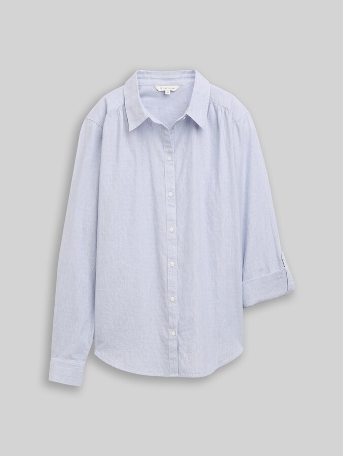 Shirt-style blouse with turn-up feature by Women, fern blue dobby