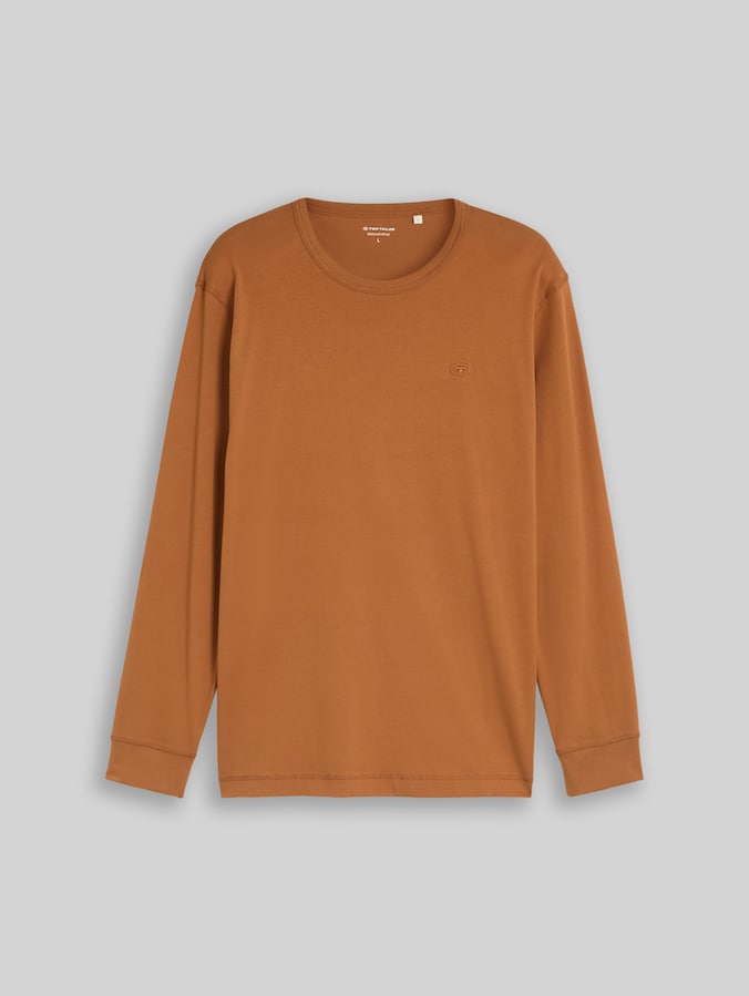Basic long-sleeved cotton T-shirt by Men, bright camel brown