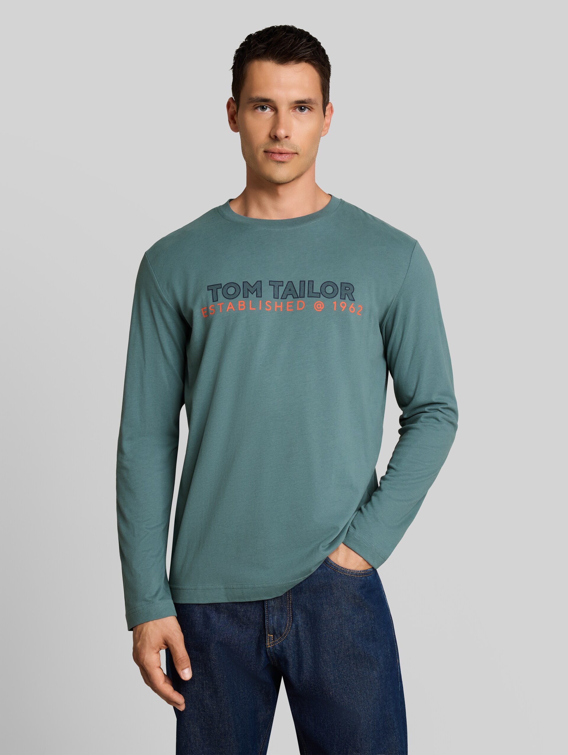 Langarmshirt mit Logo-Print - deep bluish green - Ausschnitt Model-Vorderansicht