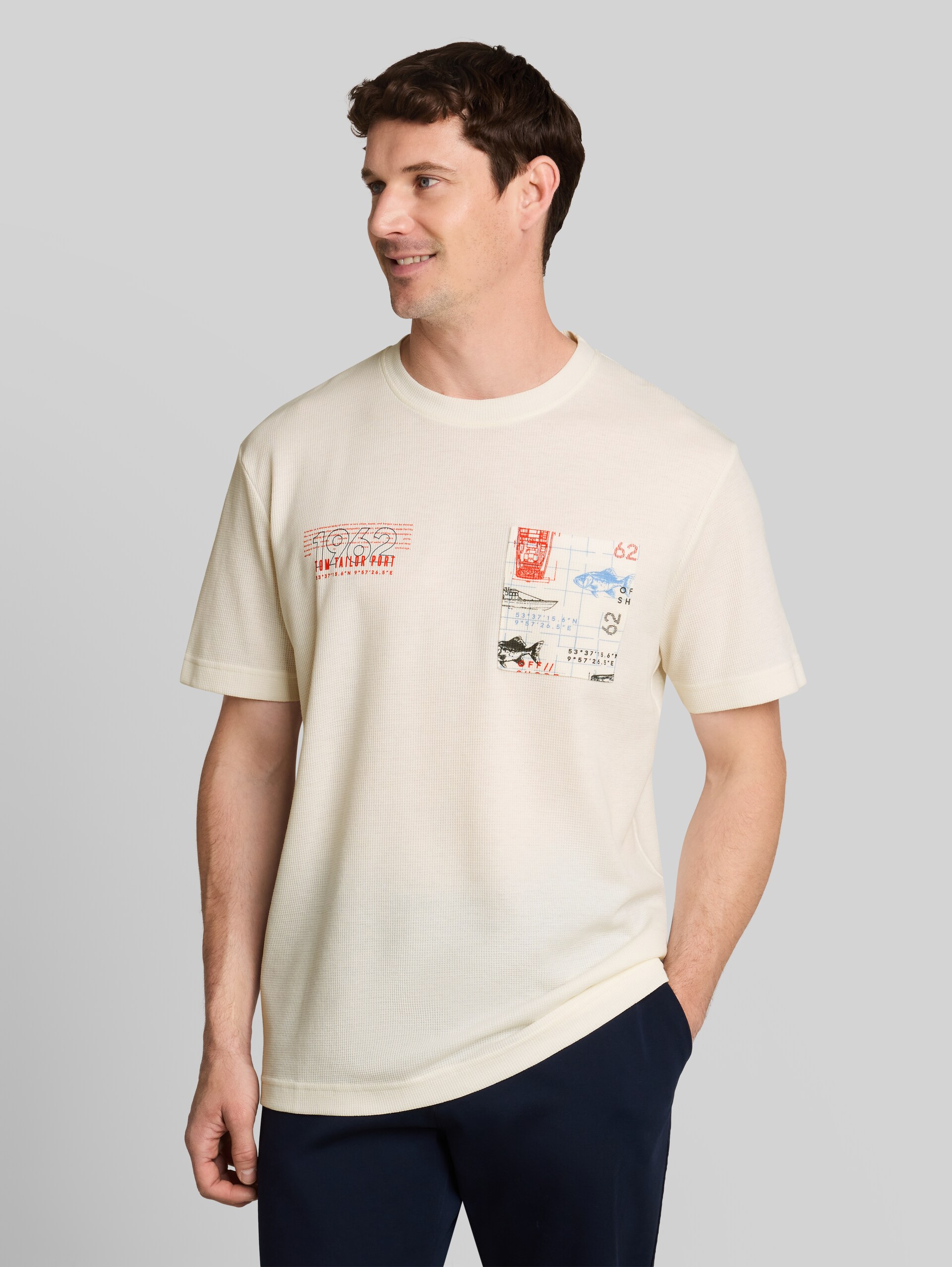 T-shirt met wafelstructuur - Gardenia White - Nek model vooraanzicht