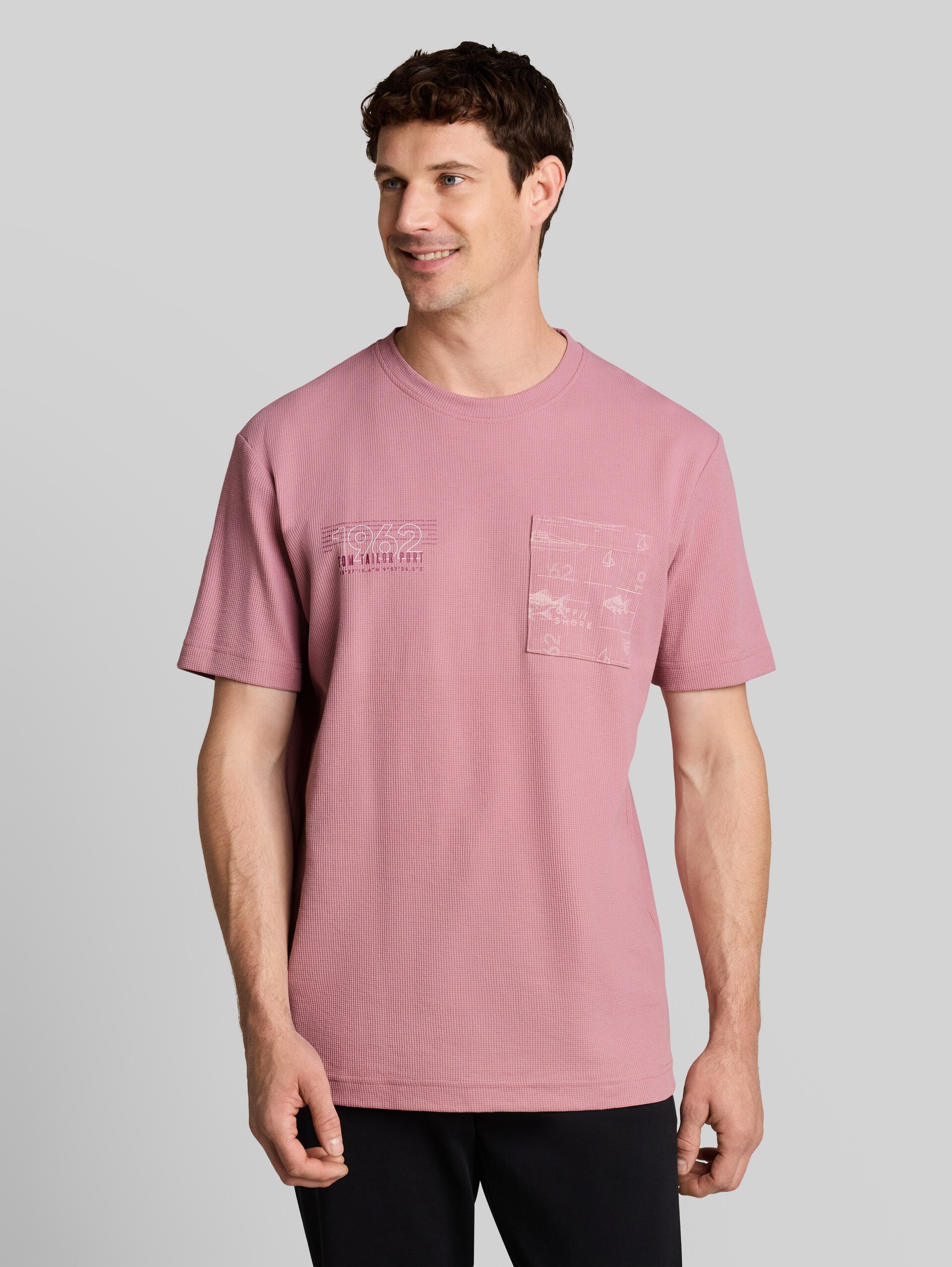 T-shirt met wafelstructuur - dusty rose - Nek model vooraanzicht