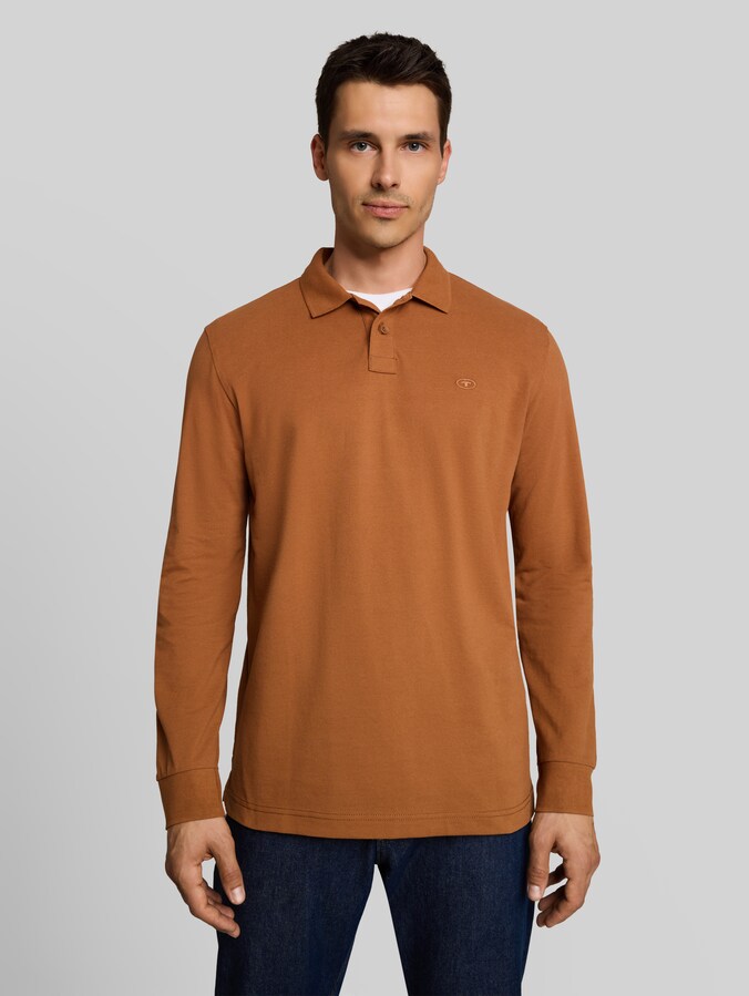 Long-sleeved piqué polo shirt by Men, bright camel brown