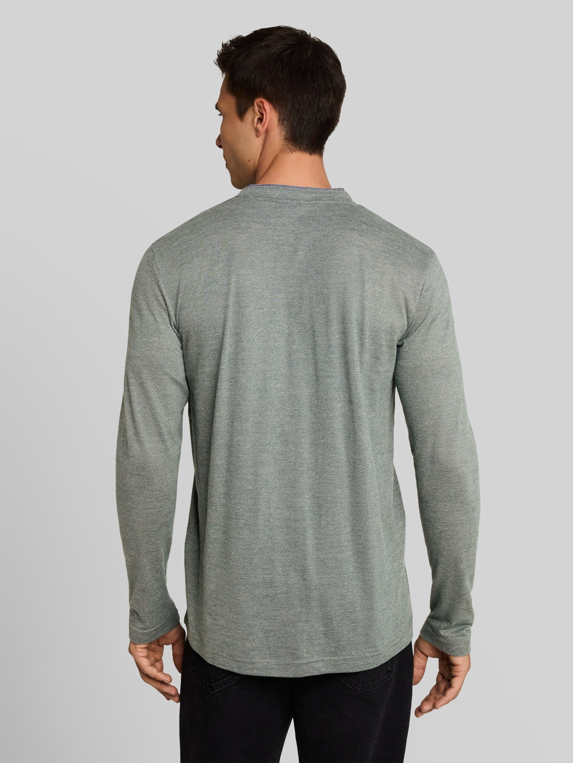 Serafino T-shirt met lange mouwen en borstzak - mint olive injected stripe - Neklijn model-achteraanzicht
