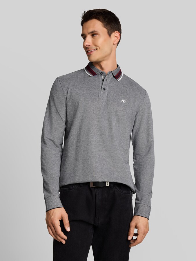 Piqué-poloshirt met lange mouwen en logo-print door Men, navy white two tone pique