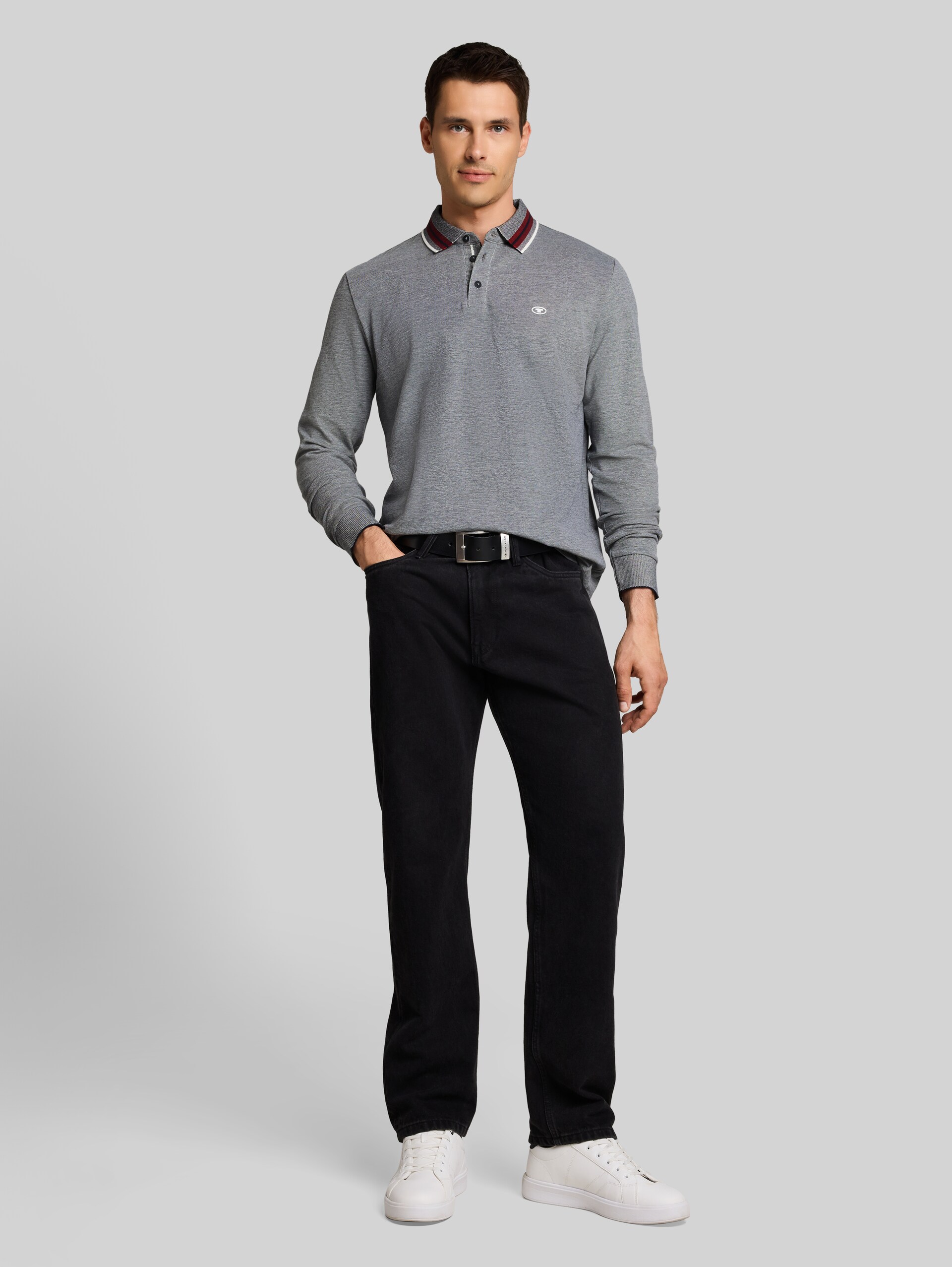 Piqué poloshirt met lange mouwen en logoprint - navy white two tone pique