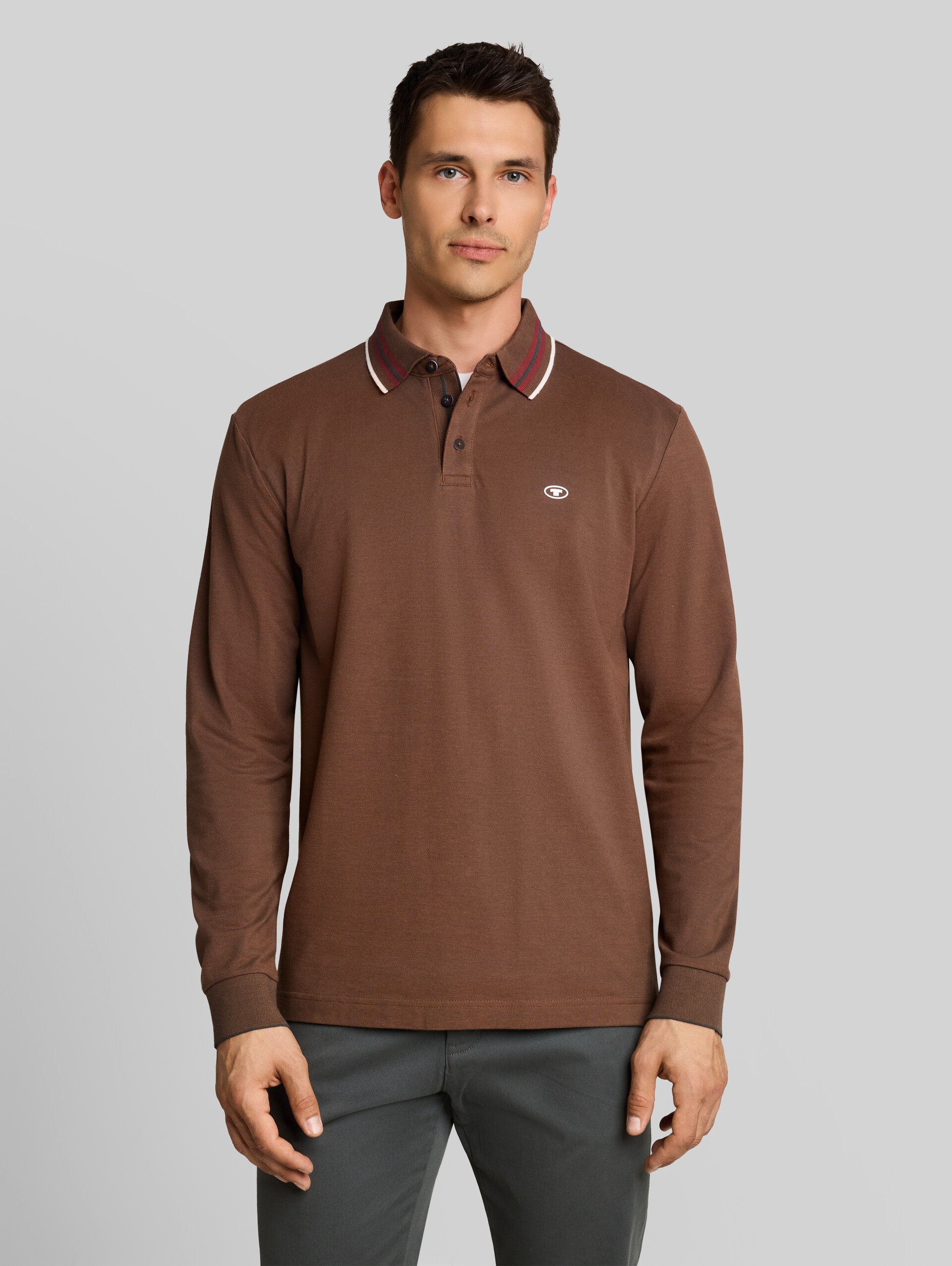 Piqué poloshirt met lange mouwen en logoprint - brown dark green two tone
