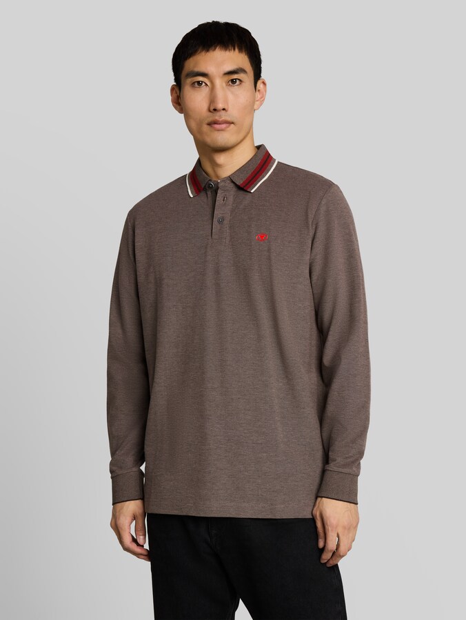 Langarm Piqué Poloshirt mit Logo-Print von Men, chocolate brown taupe two tone