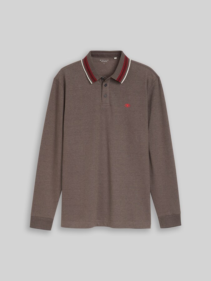 Piqué poloshirt met lange mouwen en logoprint door Men, chocolate brown taupe two tone