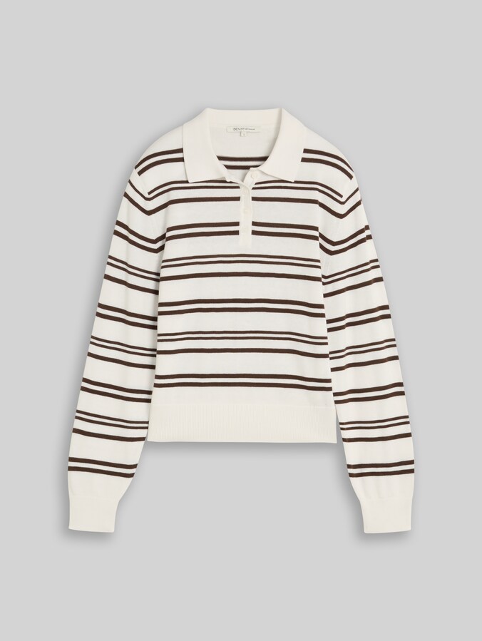 Strickpullover mit Polokragen von Denim Female, offwhite brown stripe