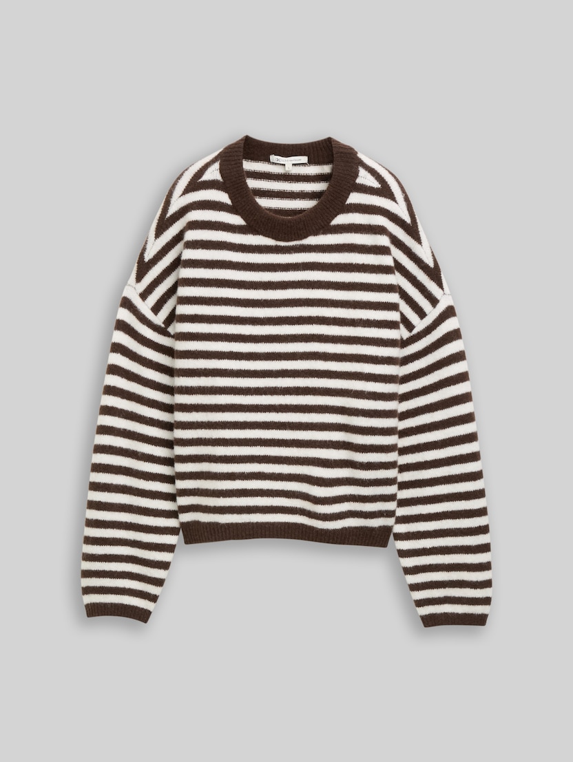 Cosy knitted jumper with a striped pattern by Denim Female, brown white stripe