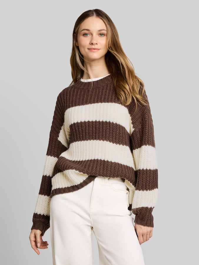 Relaxed Fit Strickpullover mit Streifenmuster von Denim Female, big brown white stripe