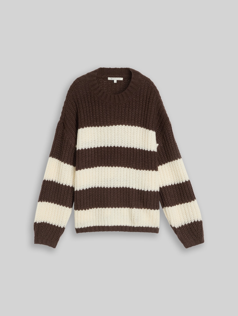 Relaxed-fit knitted jumper with a striped pattern by Denim Female, big brown white stripe