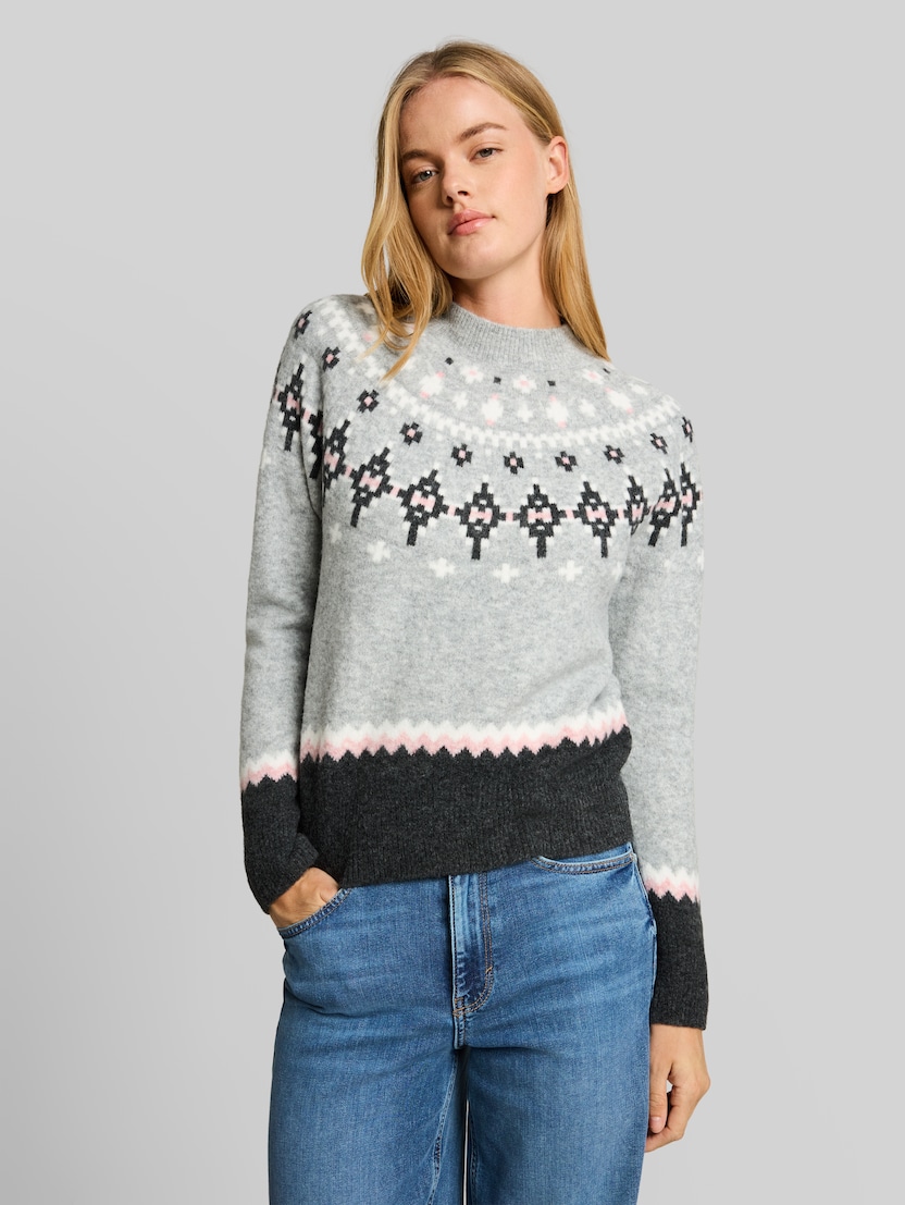 Gebreide trui in relaxte pasvorm met Noorse stijl en wol door Denim Female, grey pink fair isle
