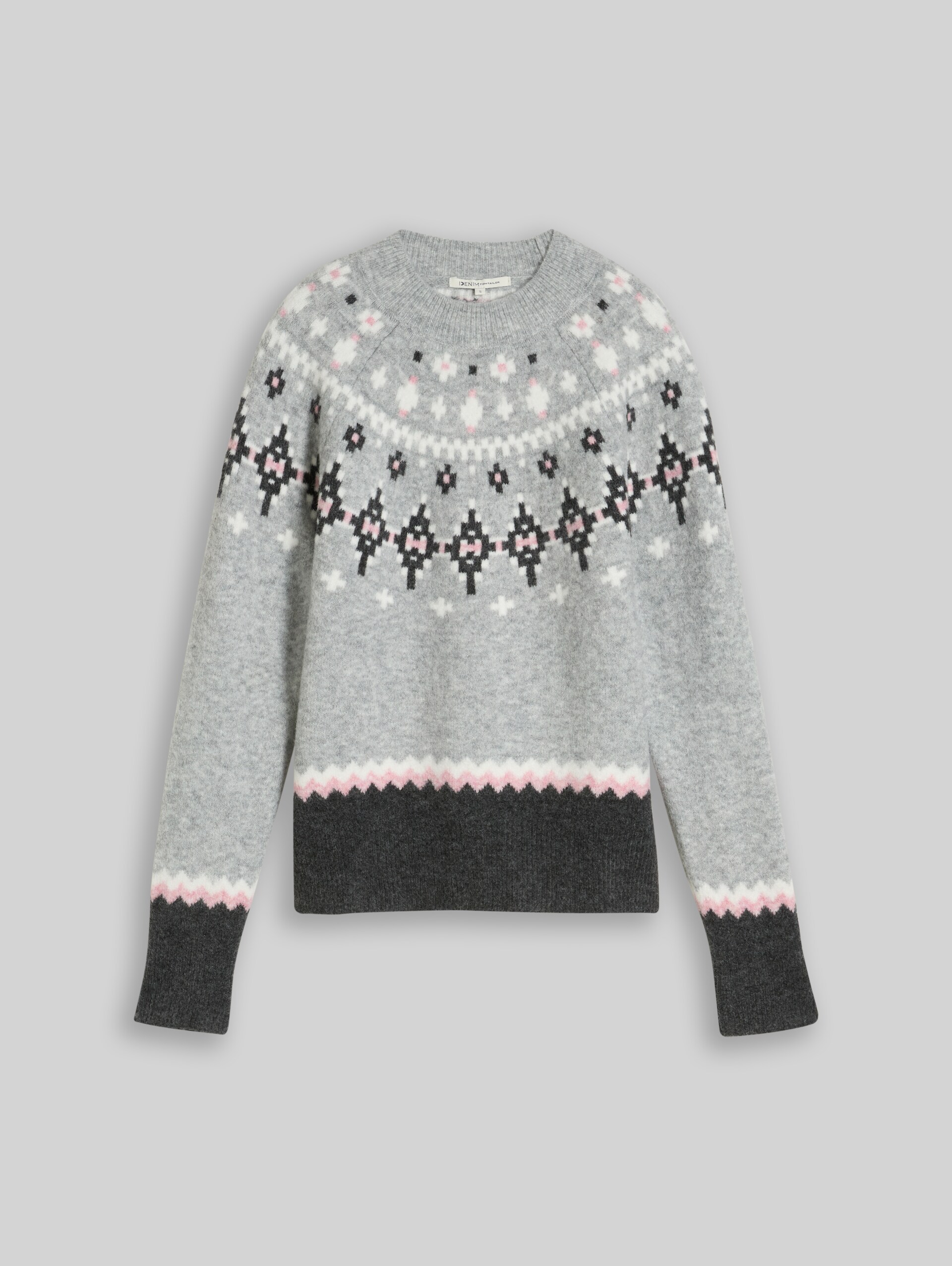 Relaxed Fit Norweger Strickpullover mit Wollanteil - grey pink fair isle