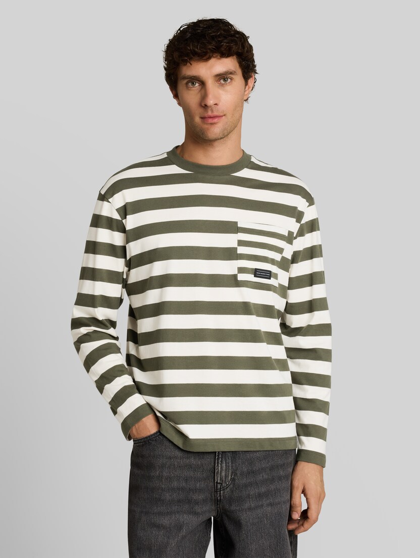 T-shirt met lange mouwen in relaxed fit en streepmotief door Denim Male, olive green gardenia stripe