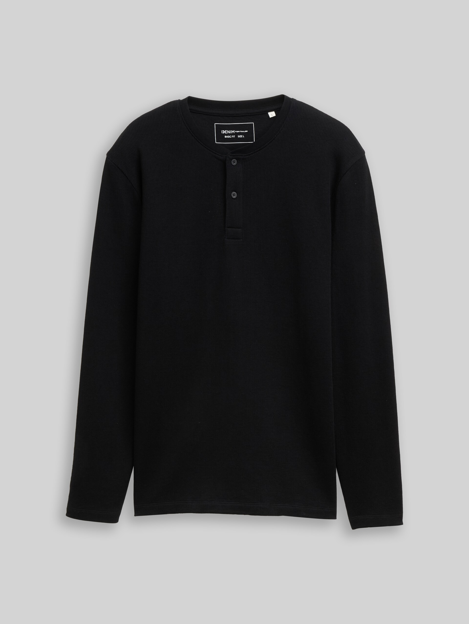 Henley Langarmshirt mit Rippstruktur - Black - Vorder-Produkt-Ansicht