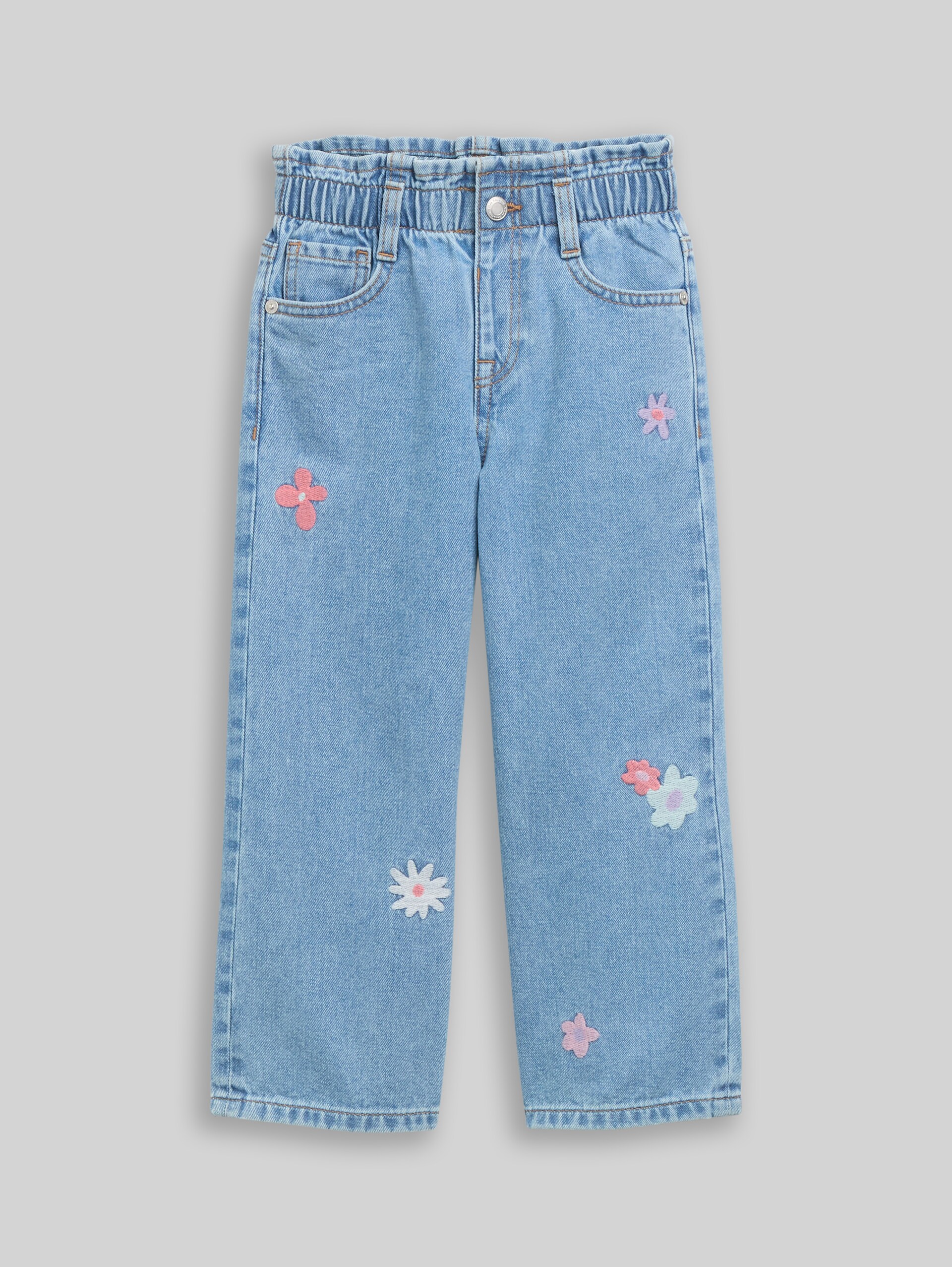 Wide Leg-jeans met borduursel - Used Mid Stone Blue Denim - Product vooraanzicht