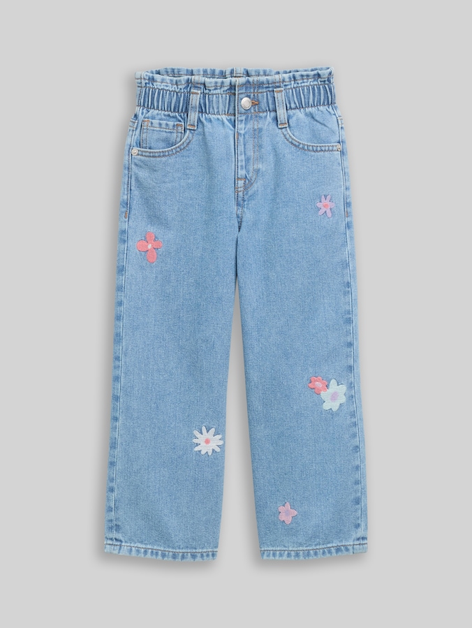 Wide Leg-jeans met borduursel door Mini Girls, Used Mid Stone Blue Denim