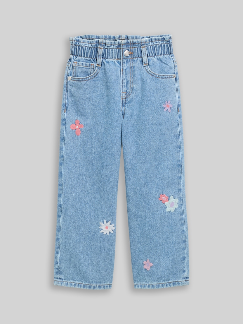 Wide Leg Jeans mit Stickerei von Mini Girls, Used Mid Stone Blue Denim