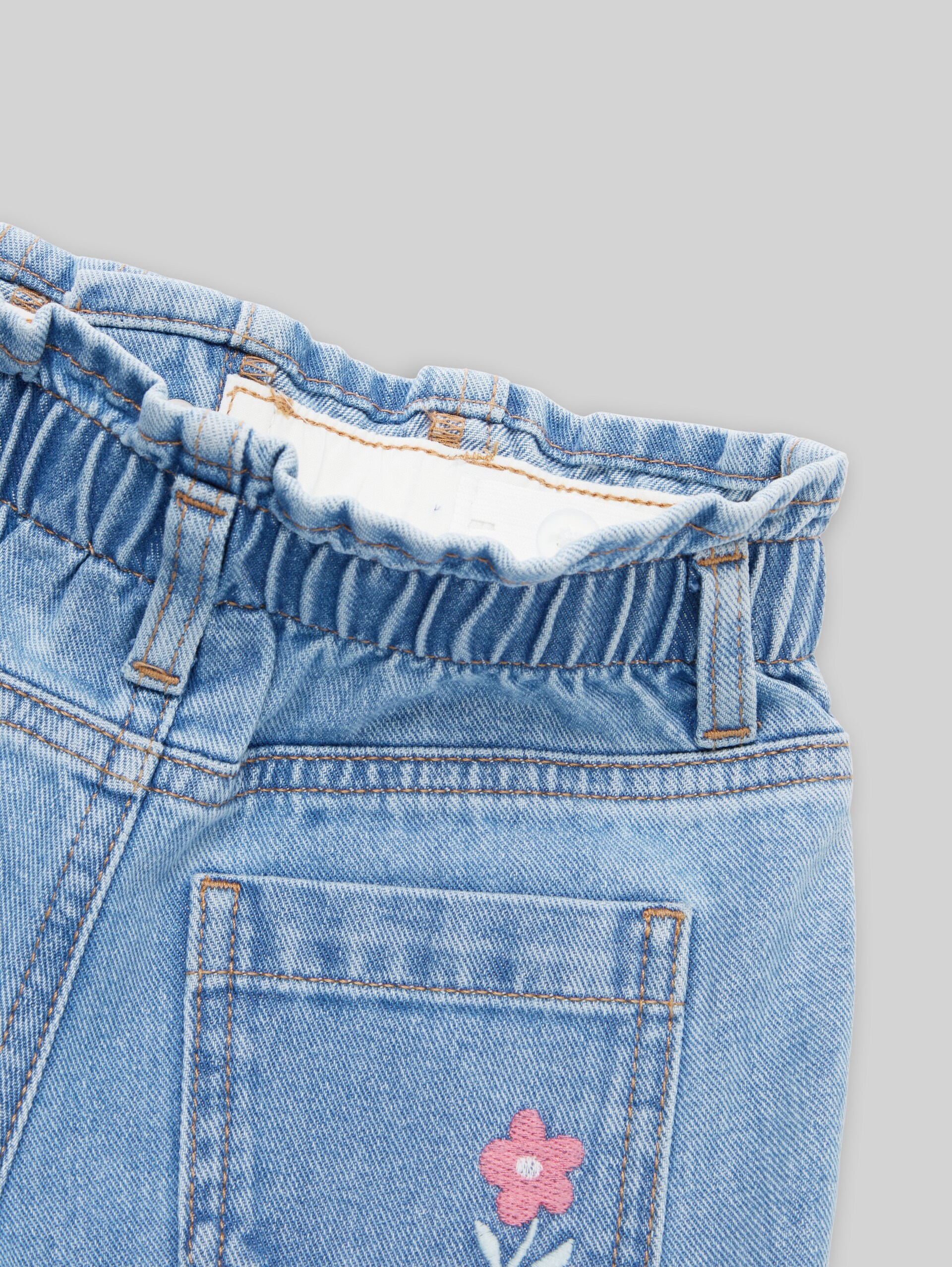 Wide Leg-jeans met borduursel - Used Mid Stone Blue Denim - Detailaanzicht model