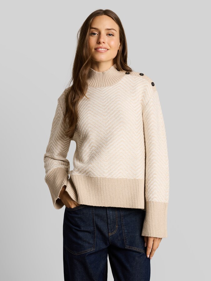 Loose Fit Cosy Strickpullover mit Knöpfen von Women, beige melange white zig zag