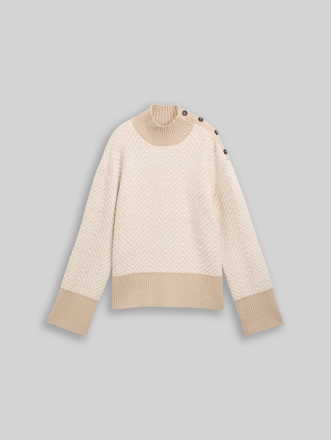 Loose-fit cosy knitted jumper with buttons by Women, beige melange white zig zag