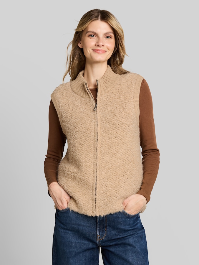 Bouclé vest zonder mouwen met rits door Women, gravel beige melange