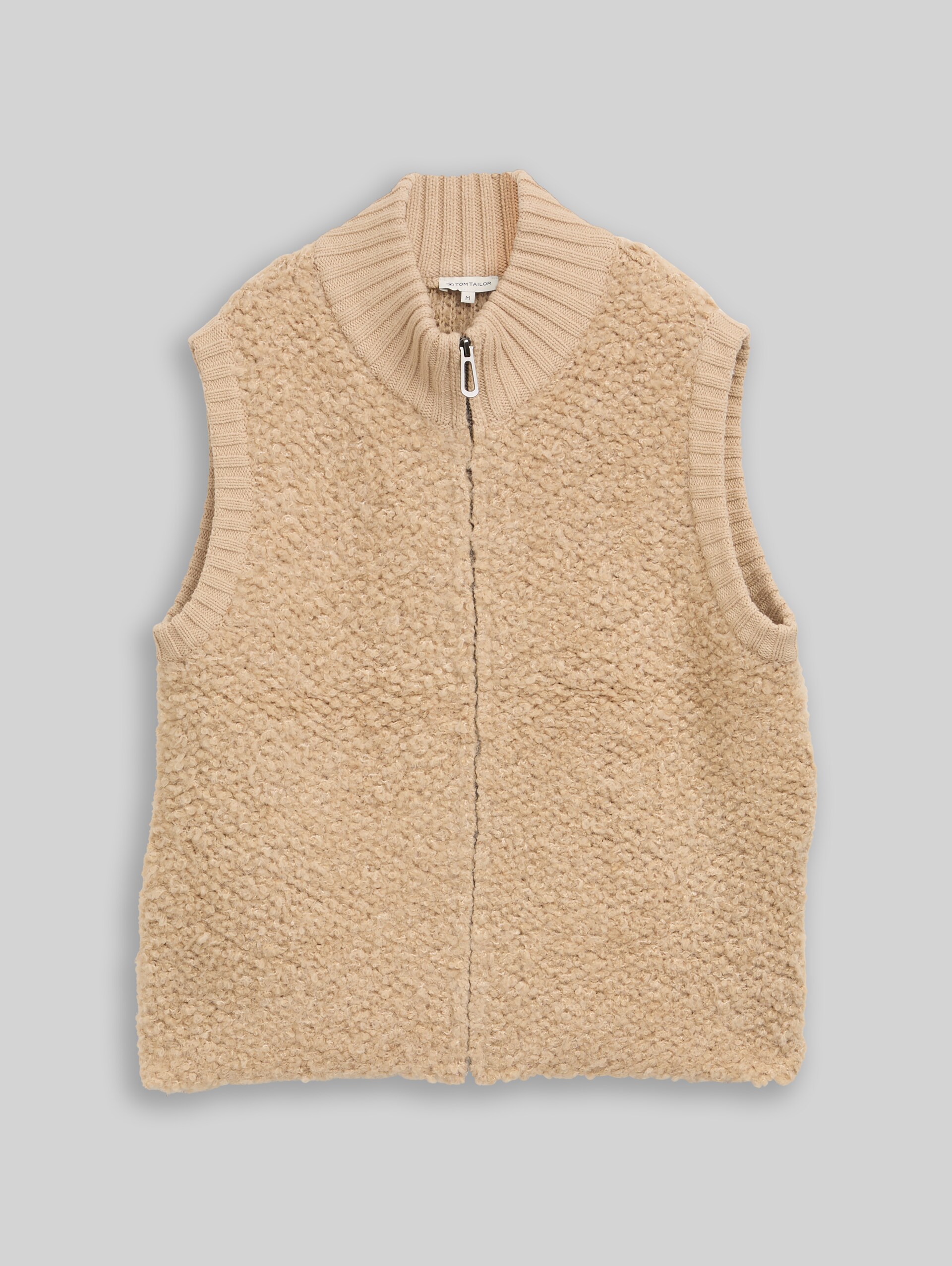 Bouclé vest zonder mouwen met rits - gravel beige melange