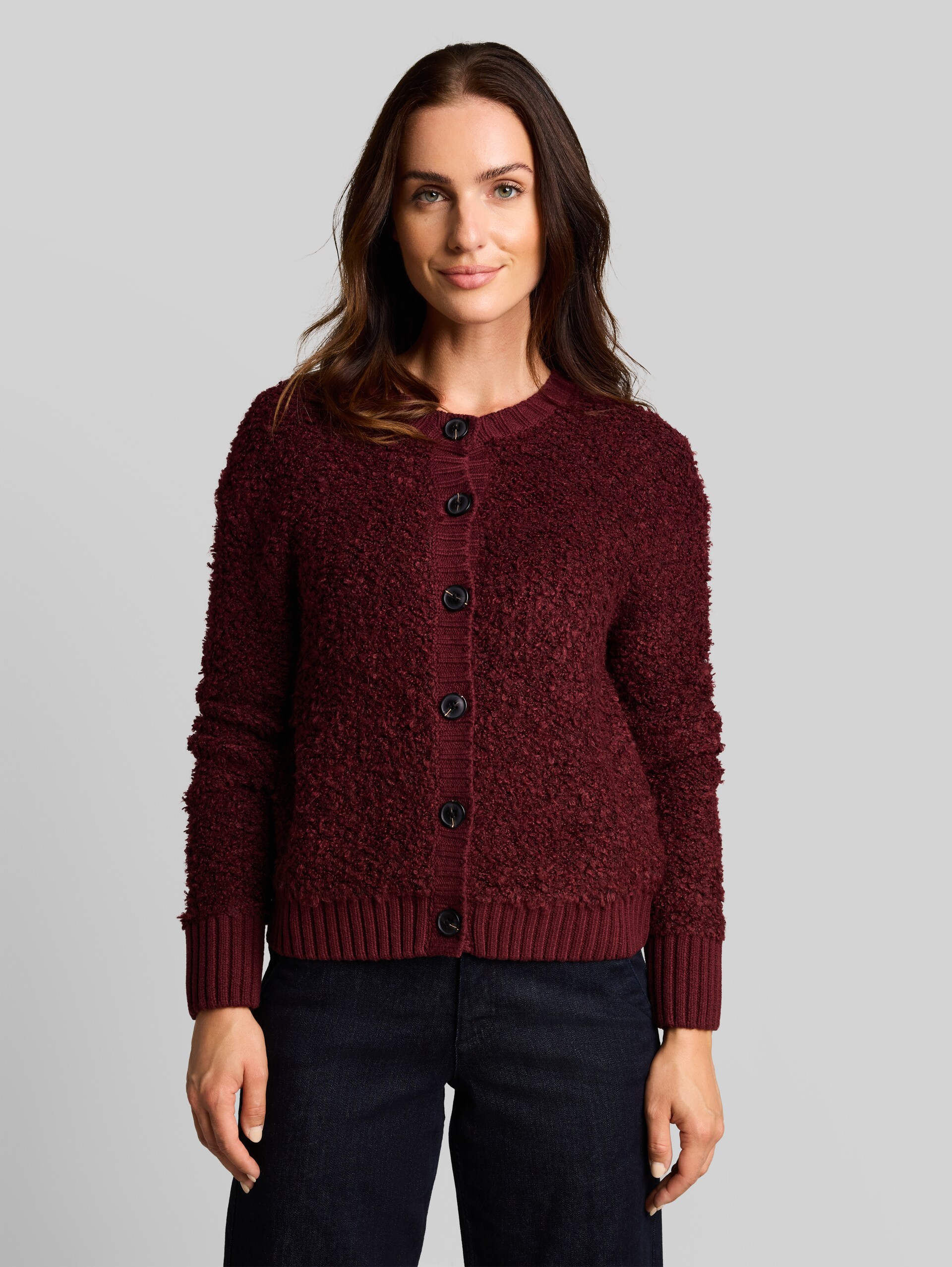 Losvallend bouclé-vest - preppy plum melange - Nek model vooraanzicht