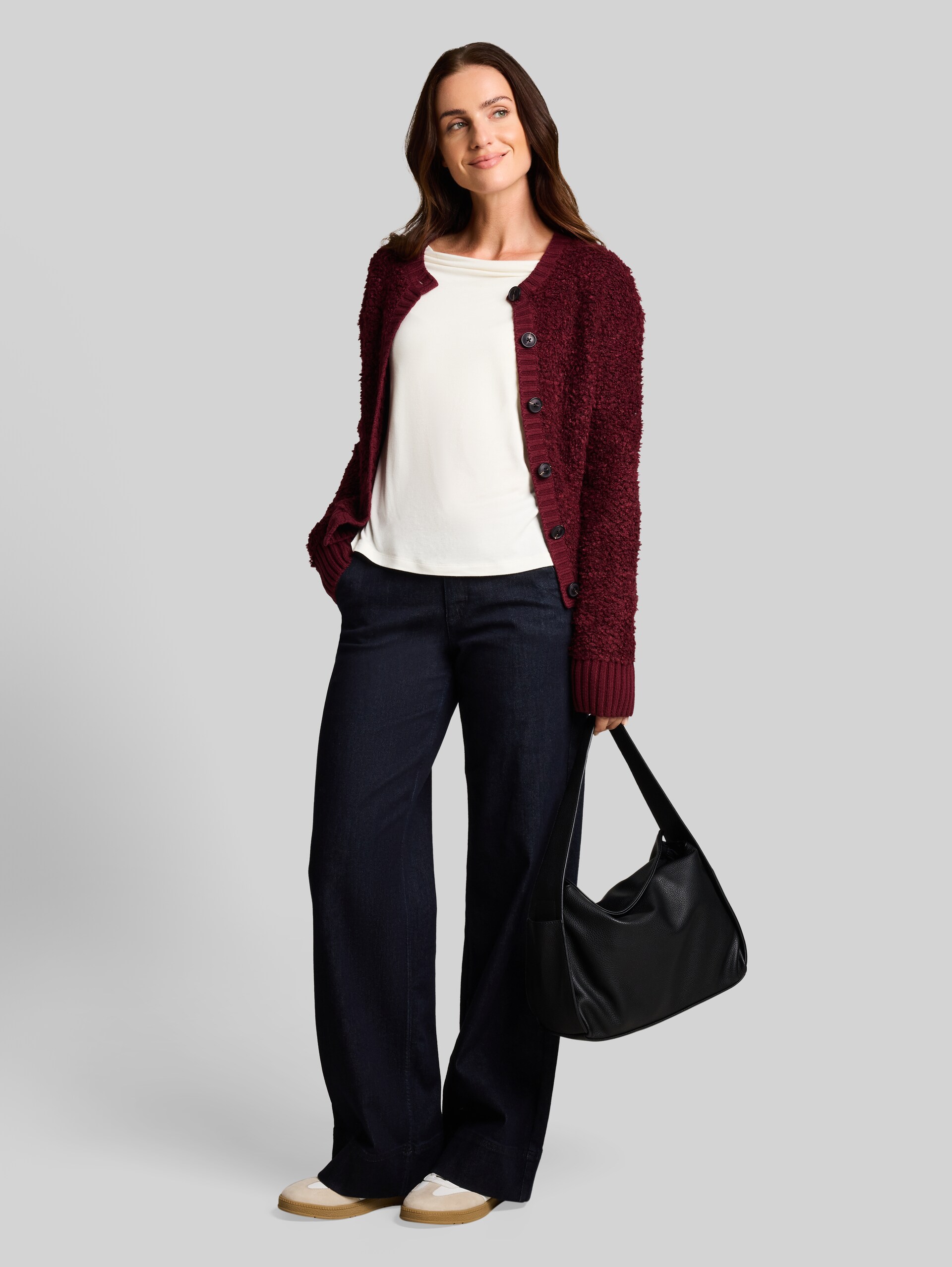 Losvallend bouclé-vest - preppy plum melange - Model vooraanzicht
