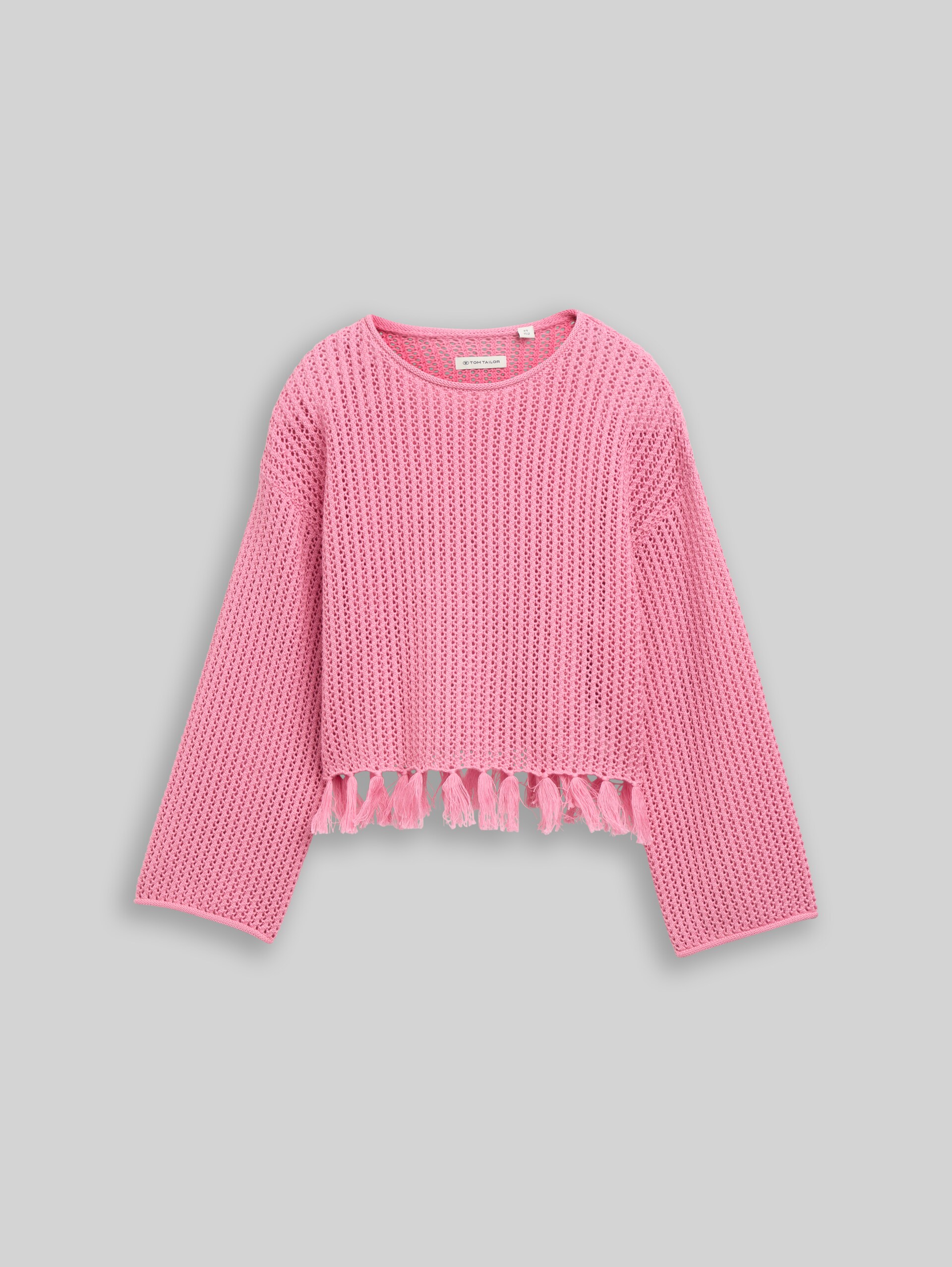 Cropped Strickpullover mit Fransen - Soft Blush Rose