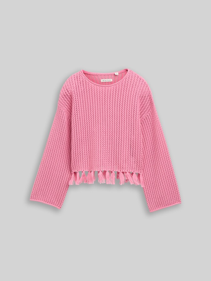 Cropped knitted jumper with fringing by Teen Girls, Soft Blush Rose