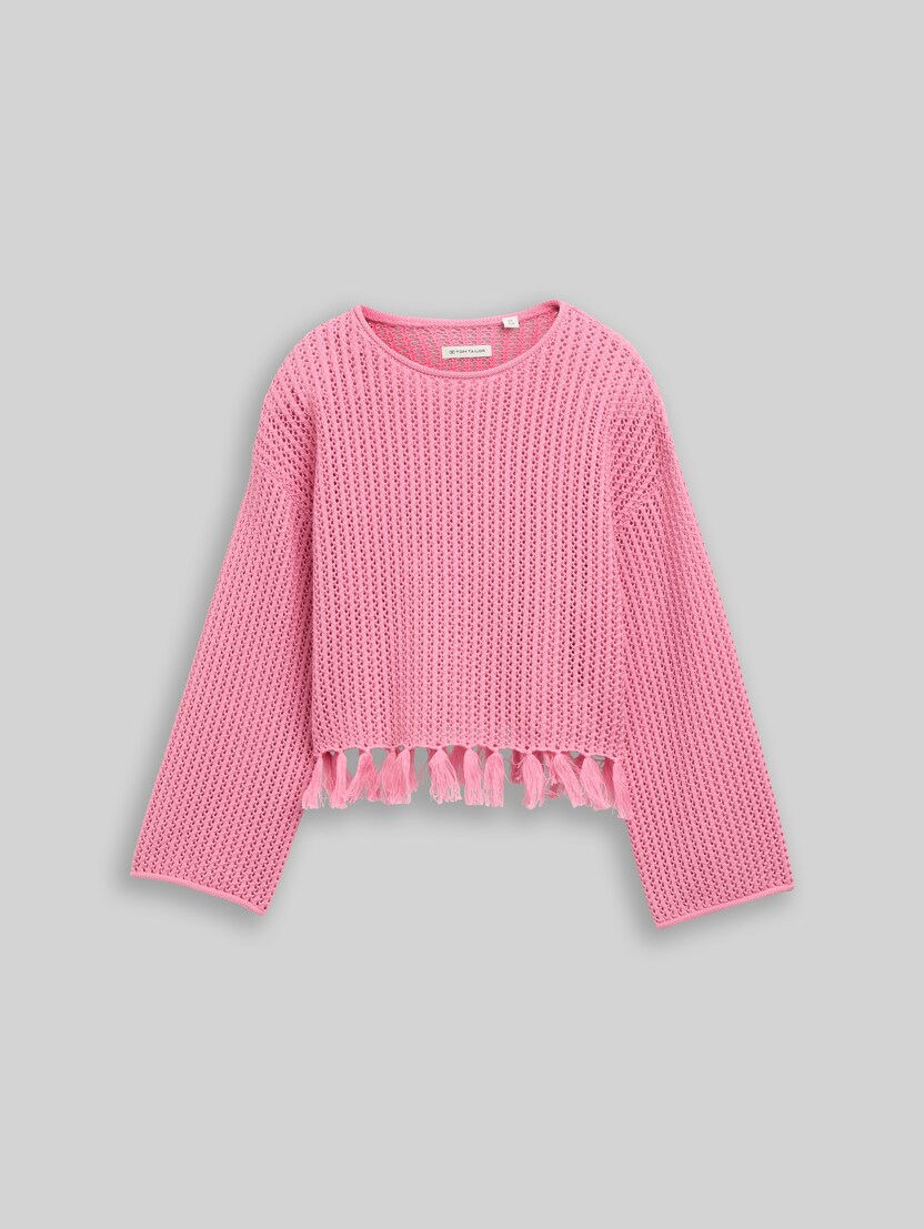 Cropped knitted jumper with fringing by Teen Girls, Soft Blush Rose