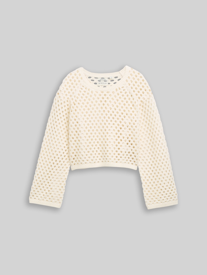 Cropped Strickpullover mit Lochmuster von Teen Girls, Gardenia White