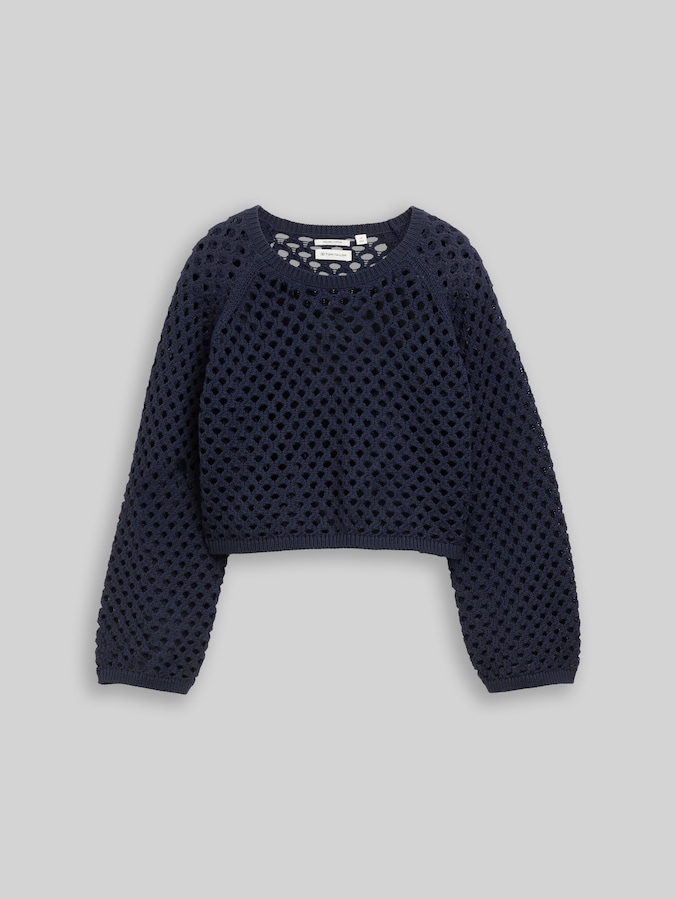 Cropped Strickpullover mit Lochmuster von Teen Girls, Parisien Night Blue