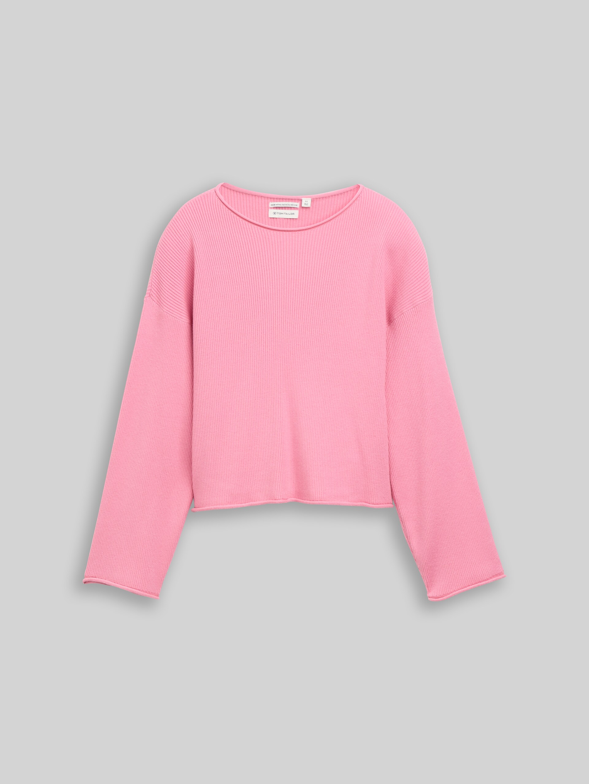 Cropped Strickpullover mit gerollten Saumkanten - Soft Blush Rose