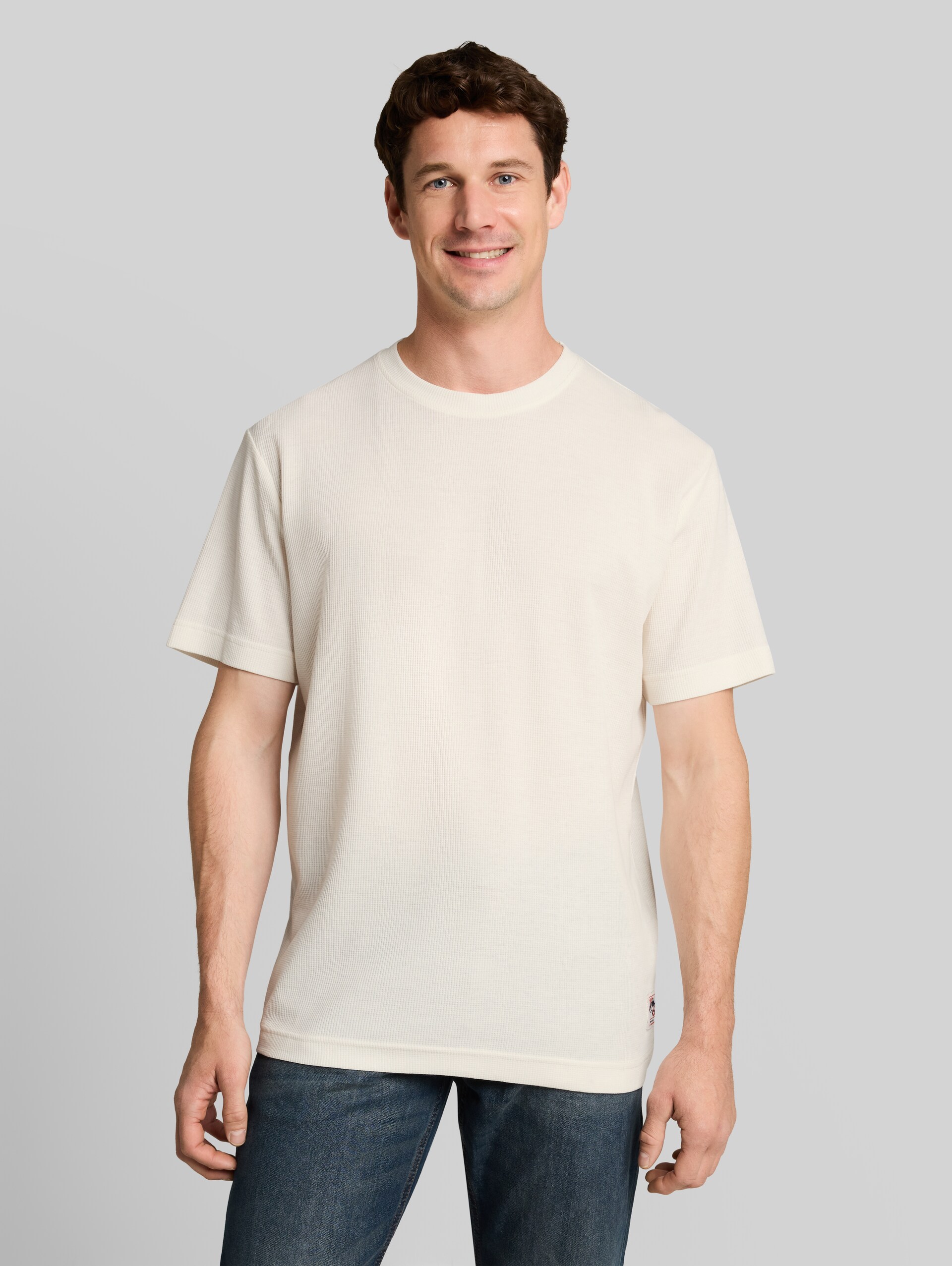 T-shirt met wafelstructuur - Gardenia White - Nek model vooraanzicht