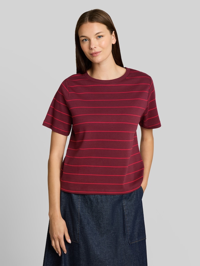 Cotton T-shirt by Women, plum red irregular stripe