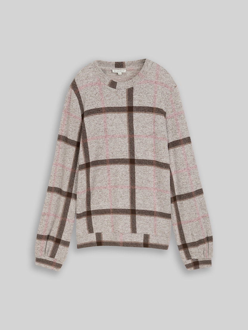 T-shirt confortable à manches longues et motif par Women, brown melange check