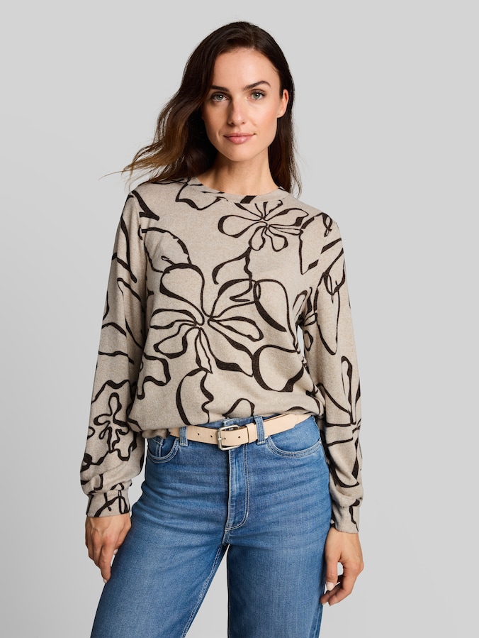 T-shirt confortable à manches longues et imprimé par Women, beige brown flower design