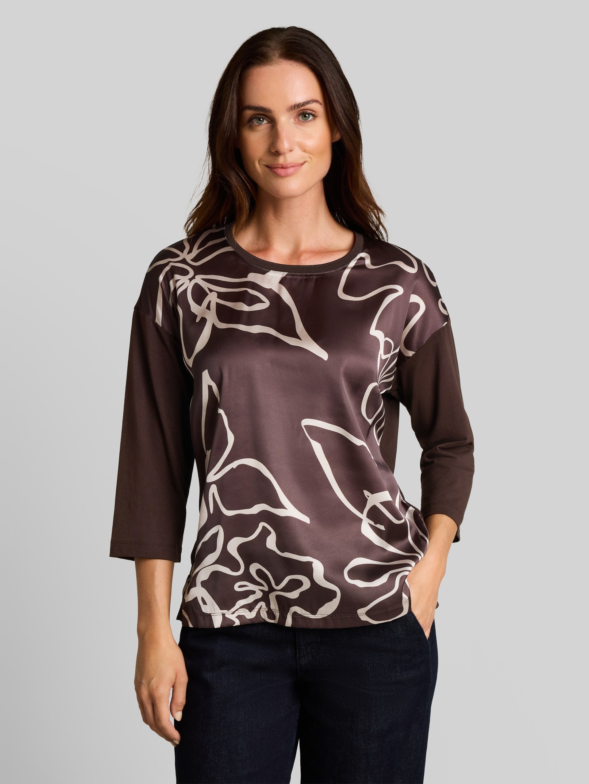 T-shirt met lange mouwen en bloemenpatroon - java dark brown - Nek model vooraanzicht