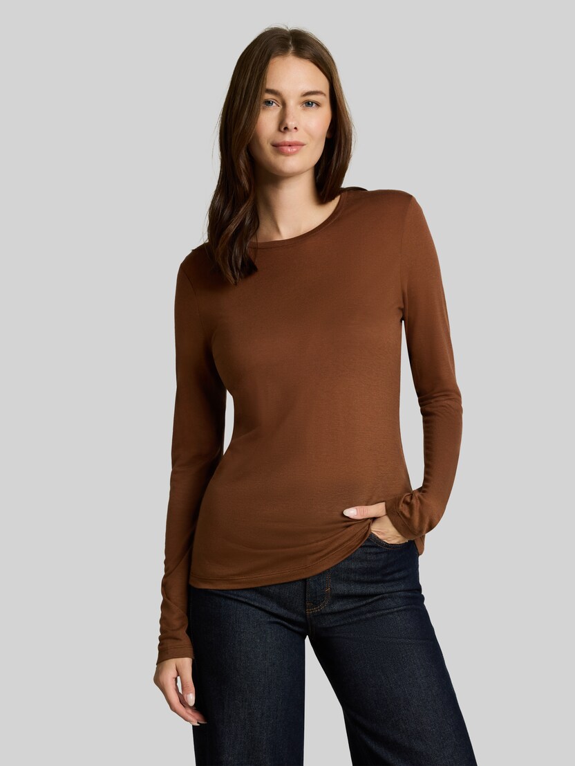 Slim fit T-shirt met lange mouwen en wol door Women, camel
