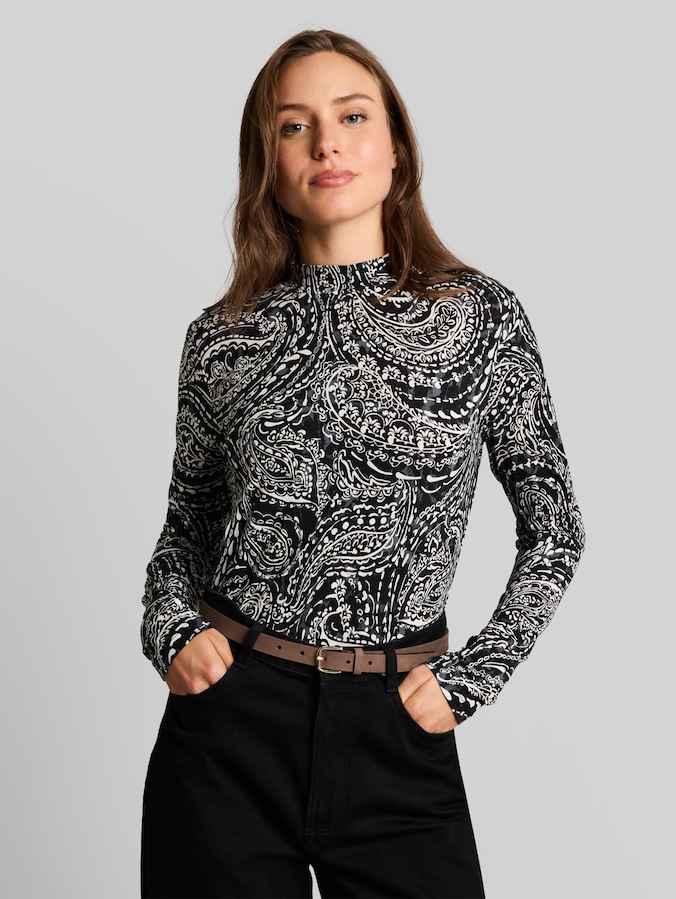 Slim Fit Langarmshirt mit Stehkragen von Women, black paisley