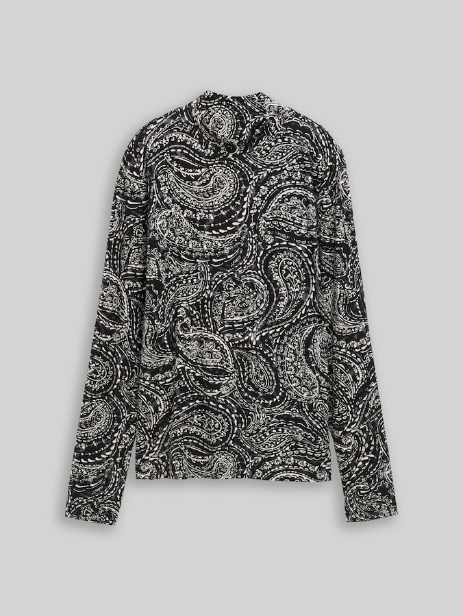 Slim-fit long-sleeved top with stand-up collar by Women, black paisley