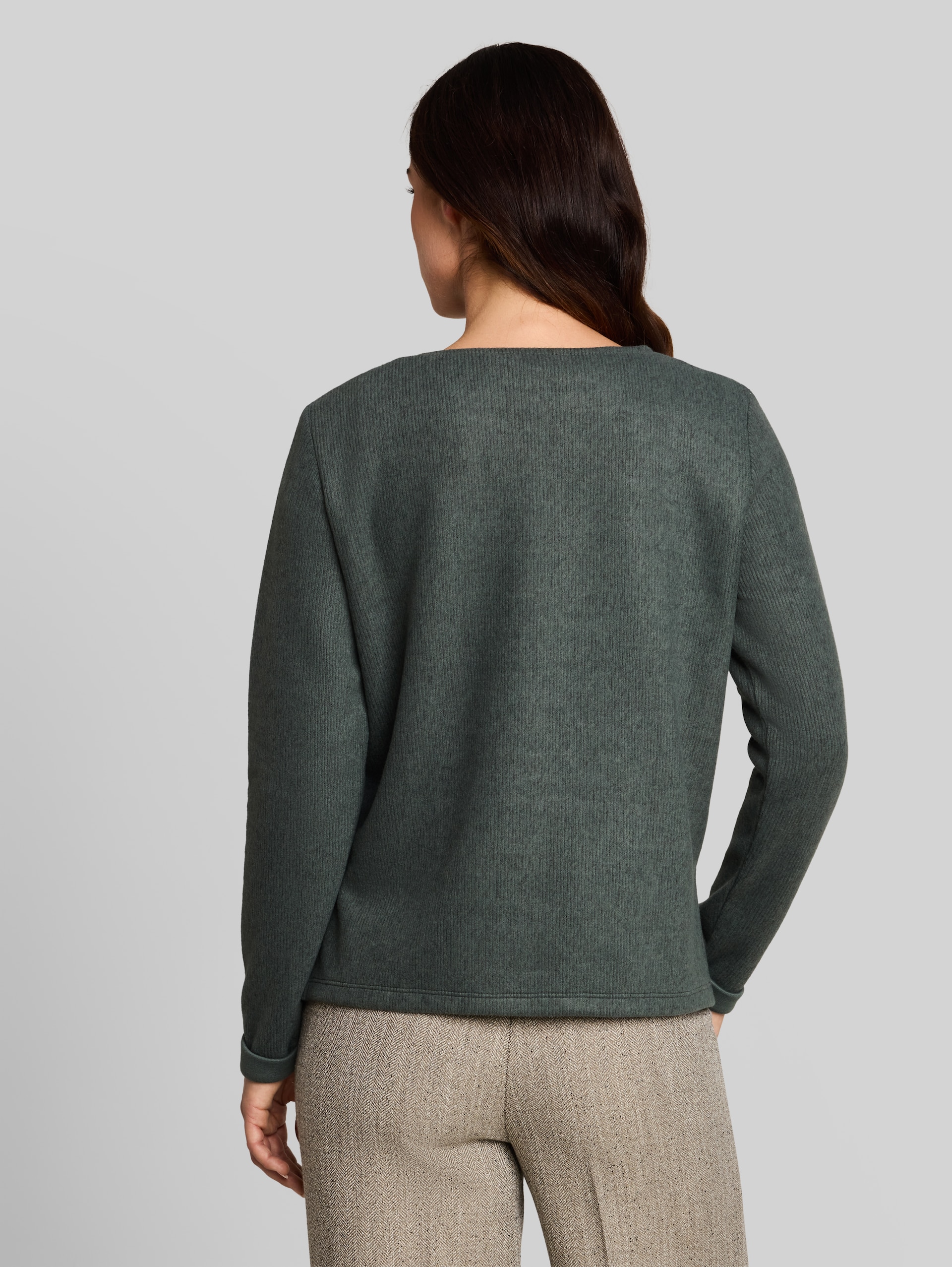 Cosy Sweatshirt mit Melange-Optik - dark olive melange - Auschnitt Model-Rückansicht