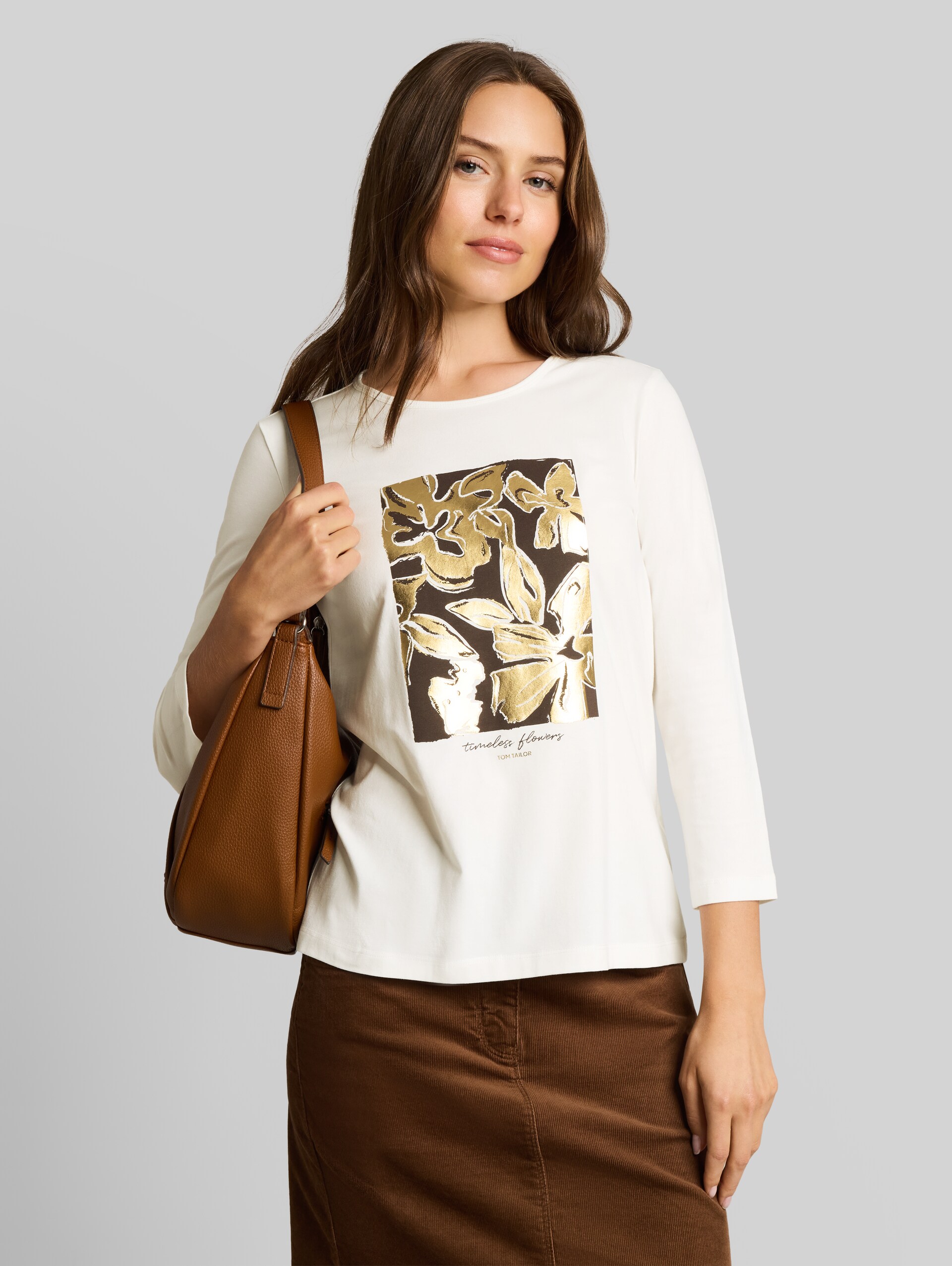 Slim fit shirt met lange mouwen en bloemenprint - Whisper White - Nek model vooraanzicht