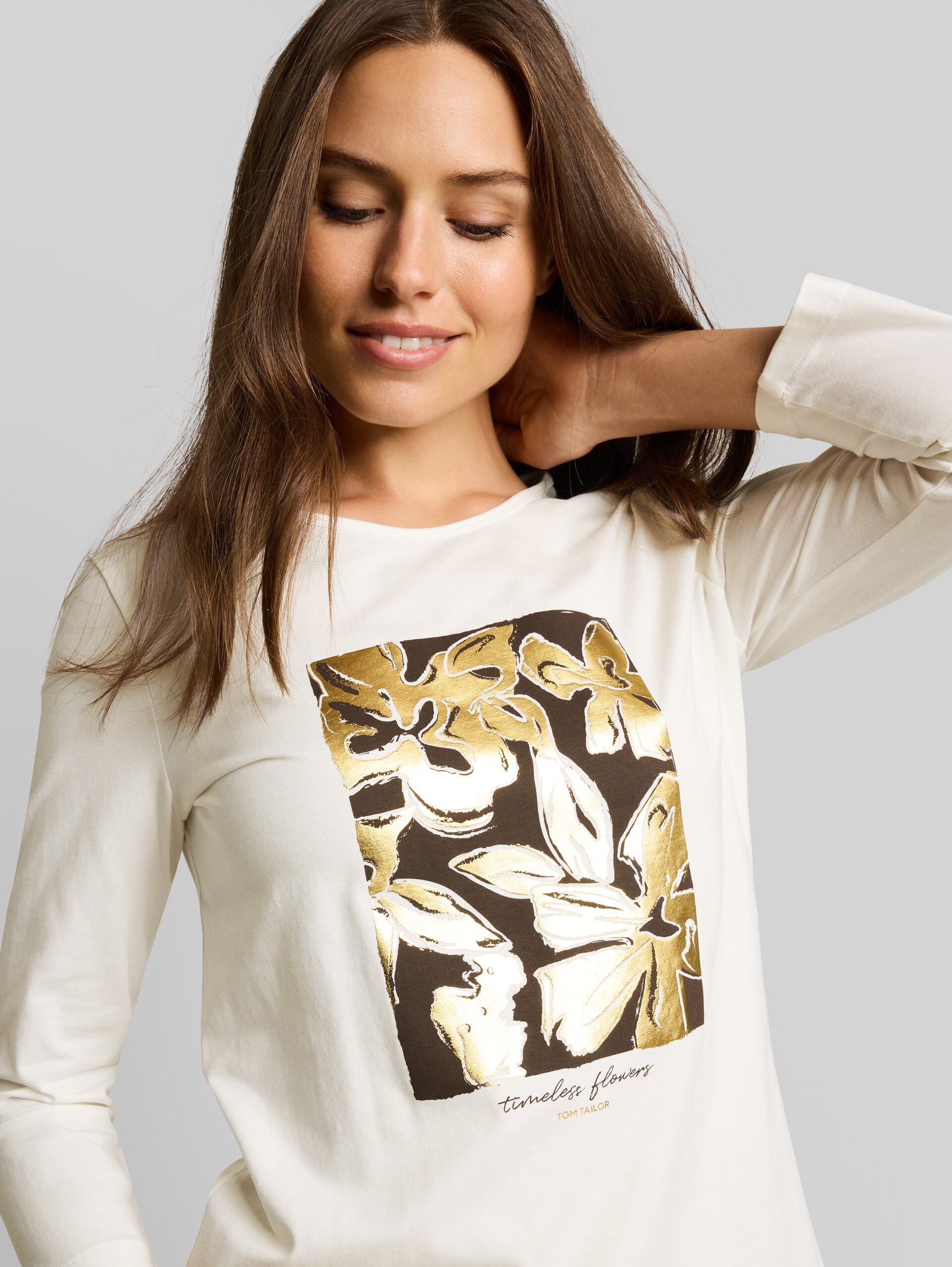 Slim fit shirt met lange mouwen en bloemenprint - Whisper White - Detailaanzicht model