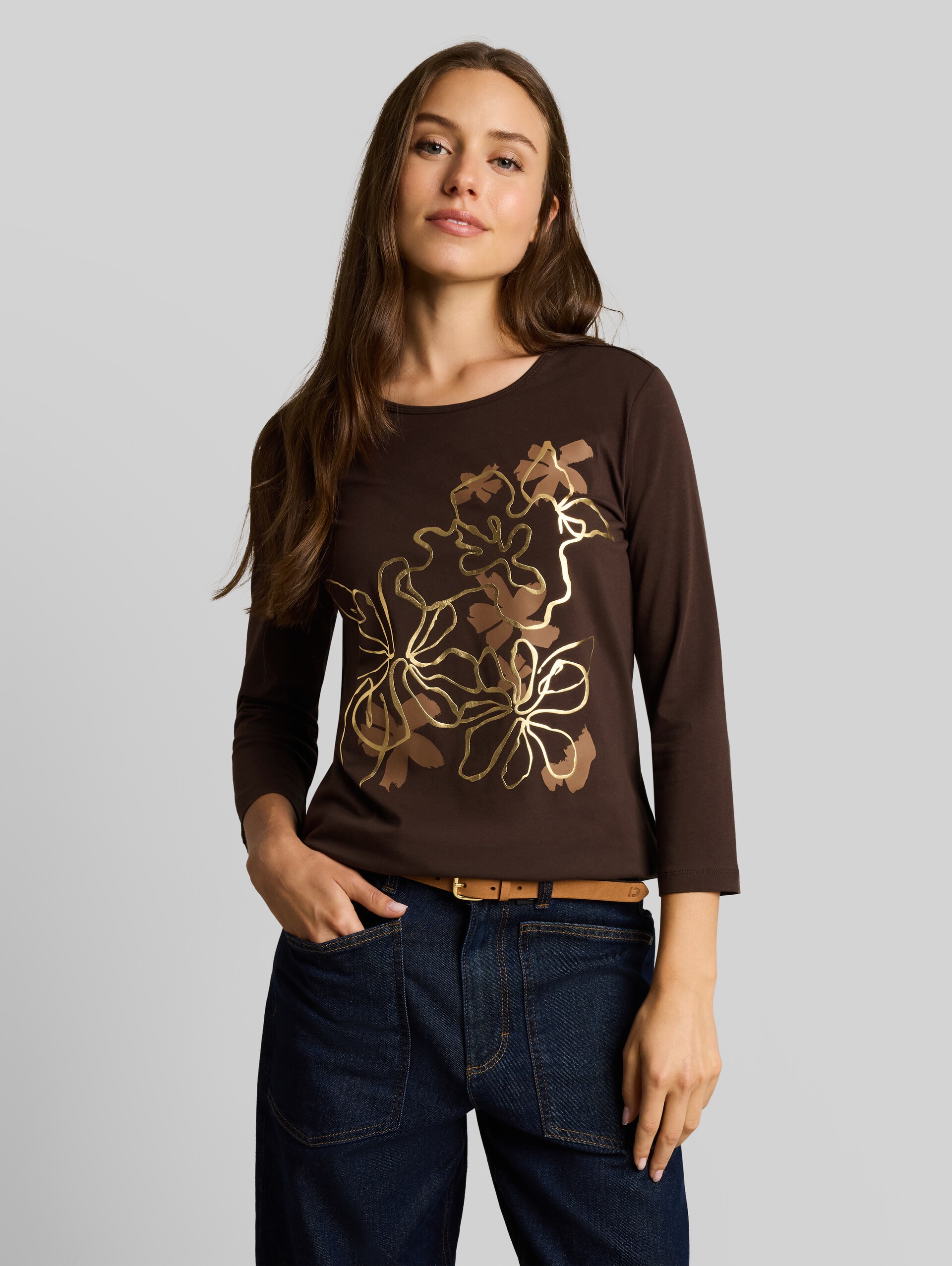 Slim fit shirt met lange mouwen en bloemenprint - java dark brown - Nek model vooraanzicht
